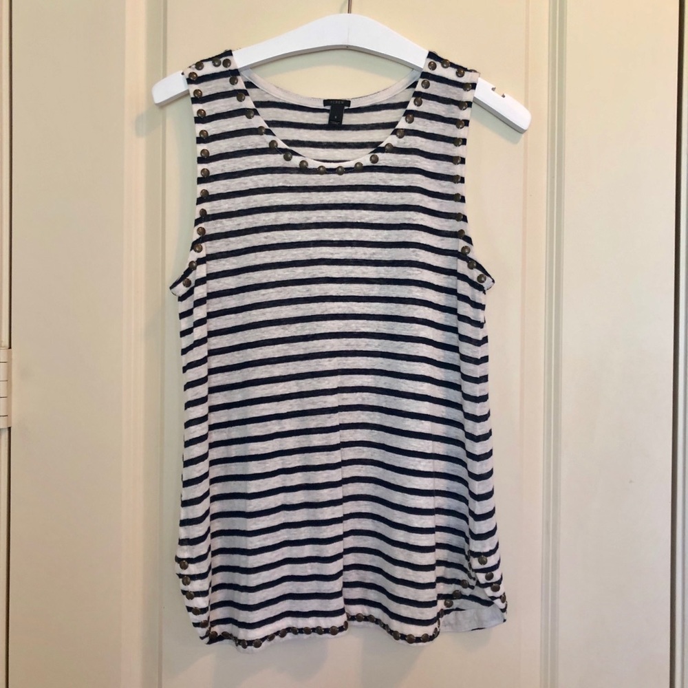 J.CREW 100% Linen Striped Tank Top Navy Cream Brass Studded Accents Small